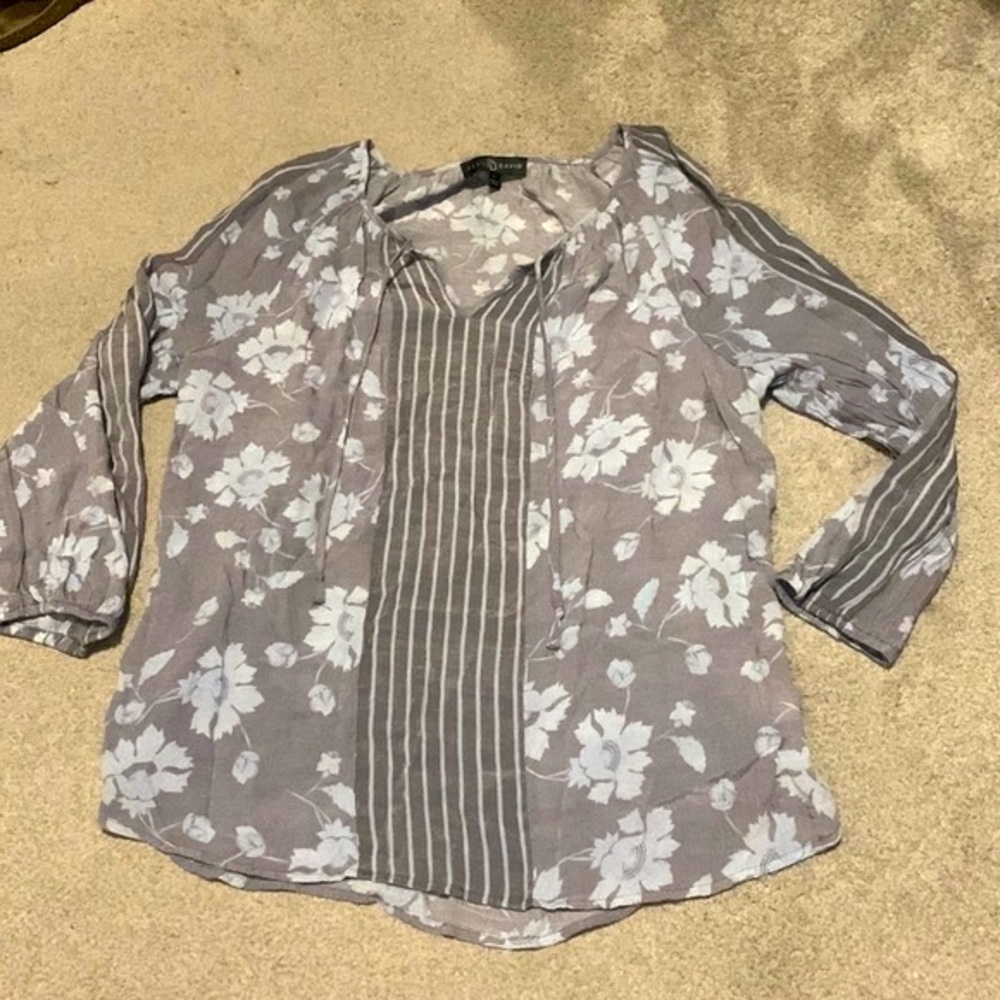 Fred David Blue Gray Floral Tunic Blouse Size Large